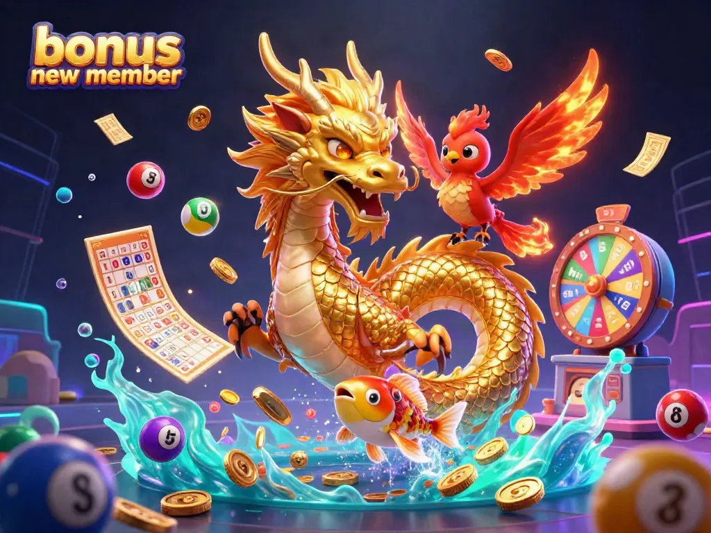 Engage in online gaming with the bonus new member benefits illustrated by a dragon and phoenix amidst lottery elements.