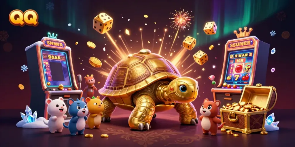 Engage with QQ SLOT in a vibrant scene featuring a colossal tortoise pinball machine, bursting with casino excitement.
