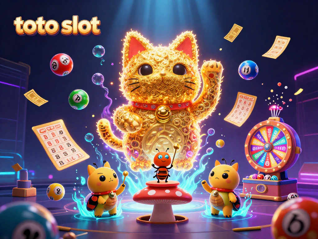 Permainan toto slot yang menarik dengan kucing keberuntungan dan elemen kasino cerah.
