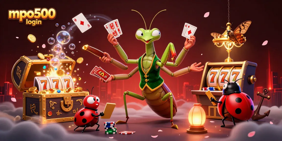 Engaging scene illustrating mpo500 login with a giant praying mantis dealer and ladybug pit boss amidst casino elements.
