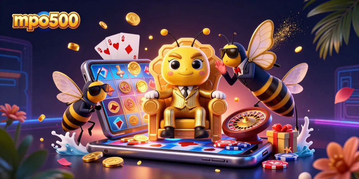 Engage with mpo500 in a lively cartoon scene packed with slot games, vibrant characters, and casino elements.